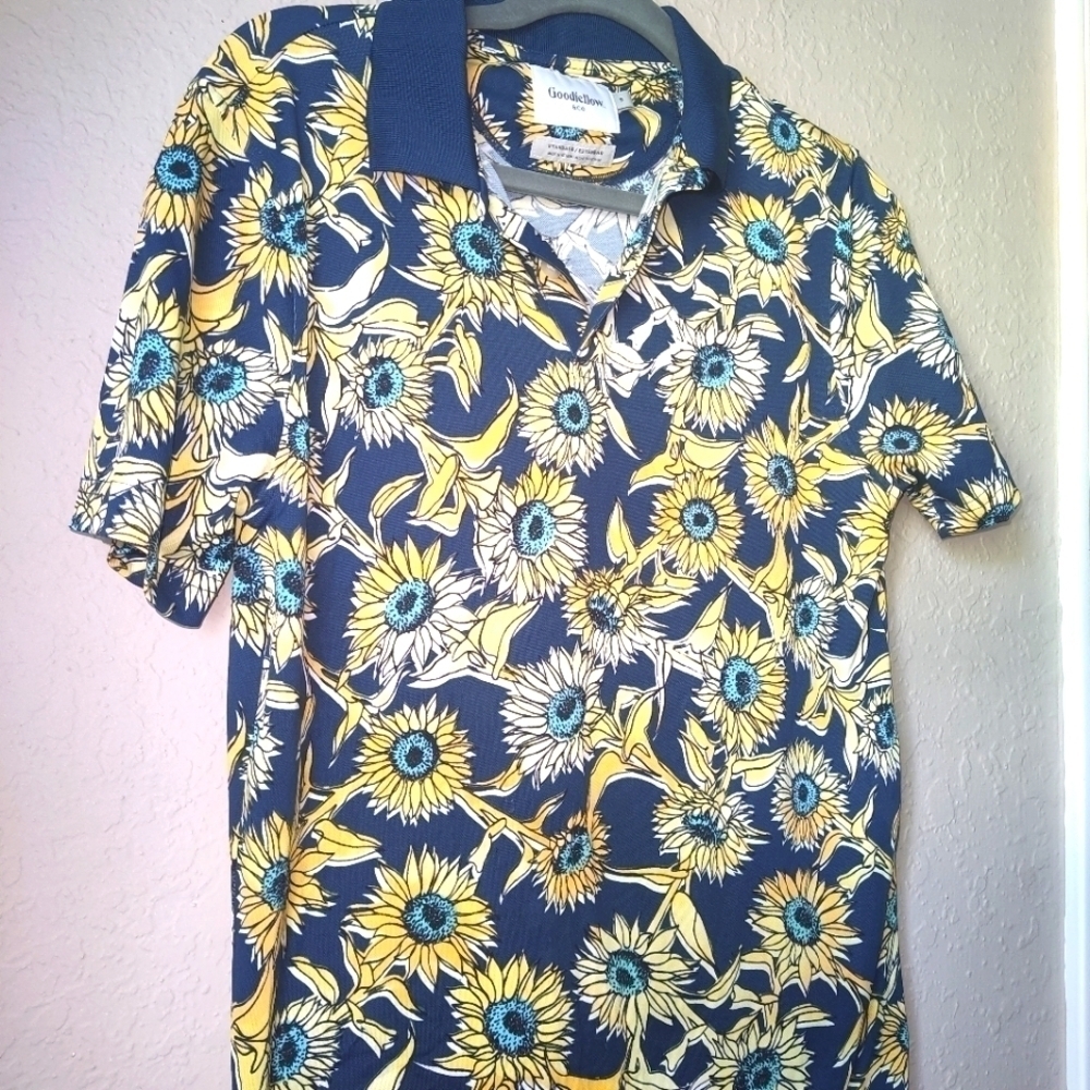 Goodfellow & Co Mens Navy/Sunflowers Standard Fit Short Sleeve Polo Shirt Size S - Picture 5 of 7